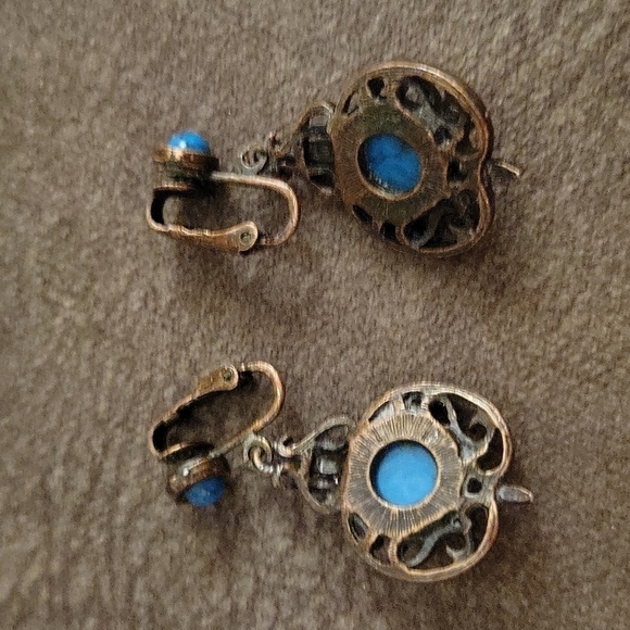 VTG Western copper faux turquoise dangle clip-on earrings - Picture 3 of 7